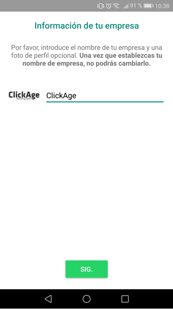 Selección nombre empresa en WhatsApp Business