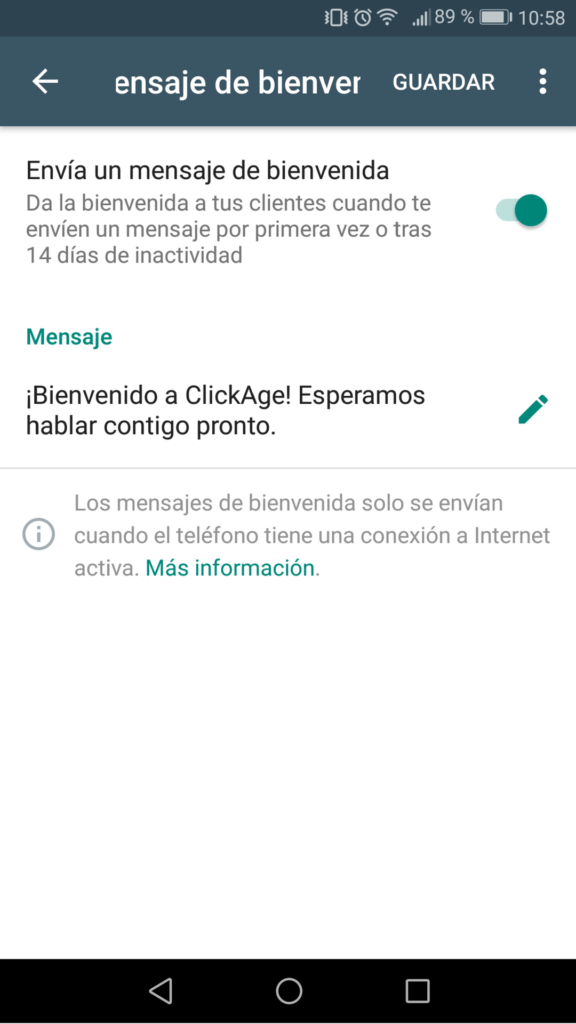 Mensaje de bienvenida en WhatsApp Business