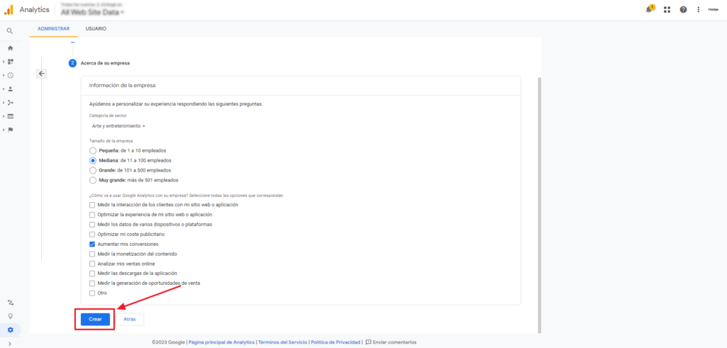 Una vez has configurado tu propiedad clica en crear